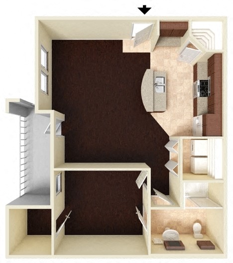 Floor plan for 1 bed, 1 bath, 769 sqft